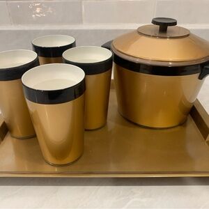 Vintage MCM West Bend Thermo-Serv insulated ice bucket, tumblers and tray